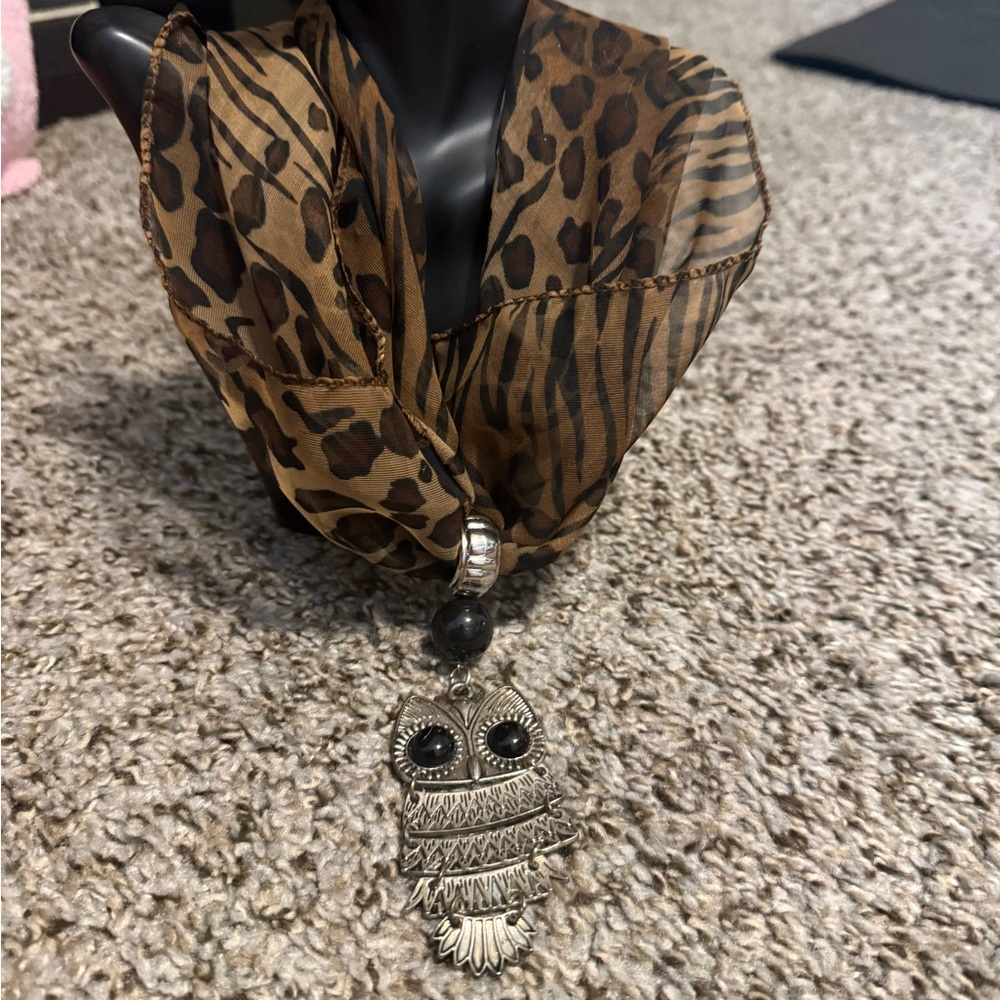 Animal Print Scarf Necklace with Owl Pendant - Brown